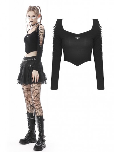 Dark in Love Black Gothic Punk Bat Long Sleeve Daily Wear Short T-Shirt for Women