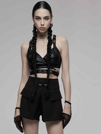 Punk Rave Black Gothic Punk Cross Strap Crop Top for Women
