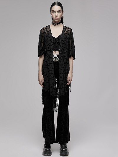 Punk Rave Black Gothic Chinese Style Tassel Bat Moon Flocking Coat for Women