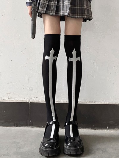 Black Gothic Opaque Velvet Cross Over-the-Knee High Socks