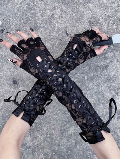 Black Gothic Punk Cool Retro Lace-Up Long Gloves