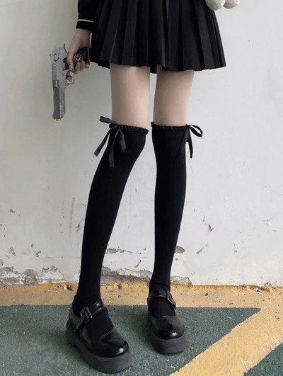 Black Gothic Sweet Bowknot Lace Over-the-Knee High Socks