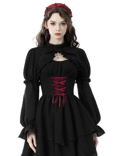 Dark in Love Black Vintage Gothic Bishop Sleeve Jacquard Cape for Women