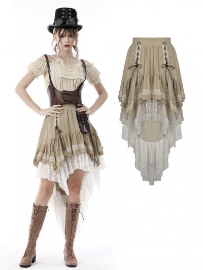 Dark in Love Brown and White Gothic Steampunk Asymmetrical Dove Tail Skirt