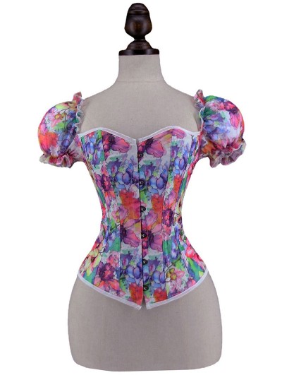 Fashion Floral Sexy Short Puff Sleeve Overbust Victorian Corset