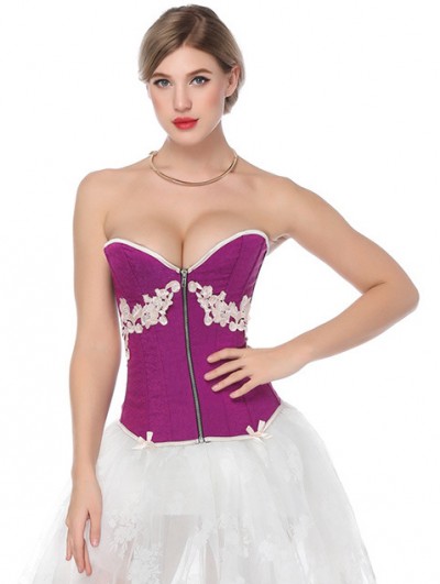 Purple Strapless Lace Applique Zipper Front Overbust Burlesque Corset