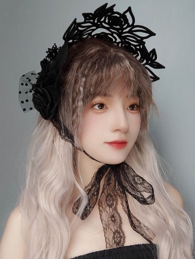 Black Lace Flower Vintage Gothic Lolita Bonnet Hat