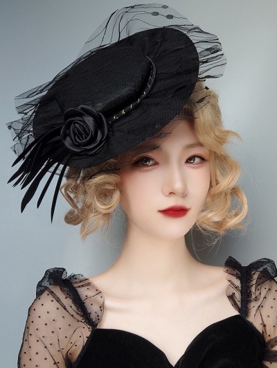 Black Vintage Gothic Rose Tulle Witch Cosplay Hat Headdress
