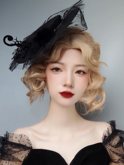 Black Gothic Vintage Tulle Flower Halloween Hat Headdress