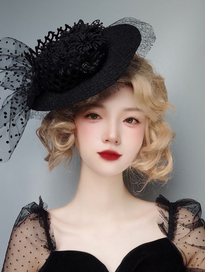 Black Gothic Tulle Flower Tea Party Elegant Hat Headdress