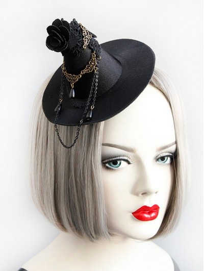 Black Gothic Lace Flower Chain Witch Hat Headdress