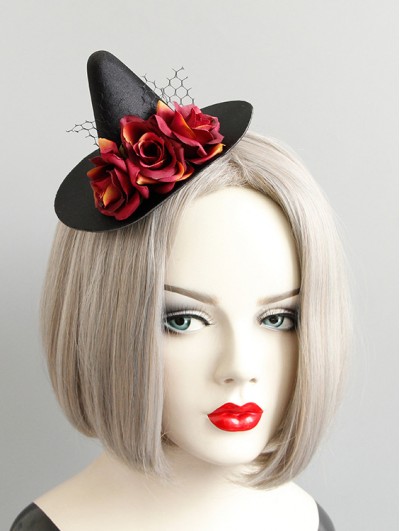 Gothic Red Rose Black Halloween Party Witch Hat Headdress