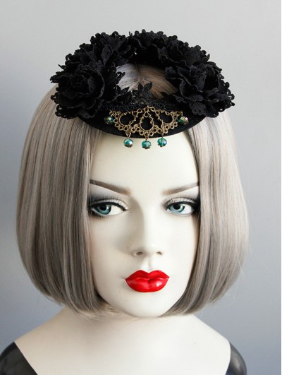 Black Gothic Lace Flower Blue Faux Crystal Prom Costume Hat Headdress