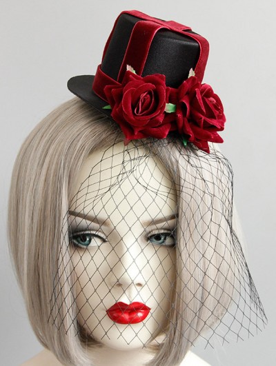 Gothic Red Cross Velvet Rose Hat Headdress with Black Veil