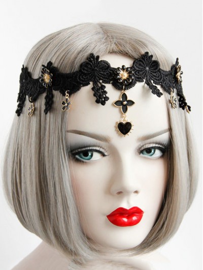 Black Vintage Gothic Floral Lace Elastic Headband