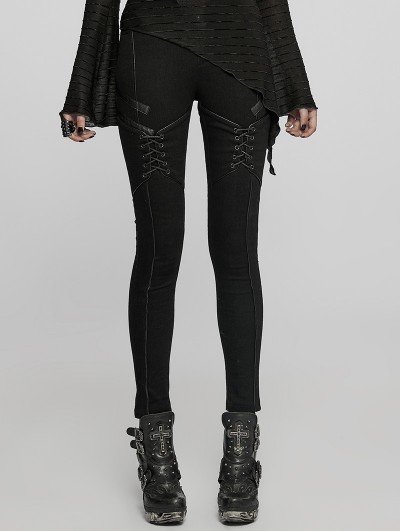 Punk Rave Black Gothic Punk Spliced Faux Leather Daily Jeans for Women
