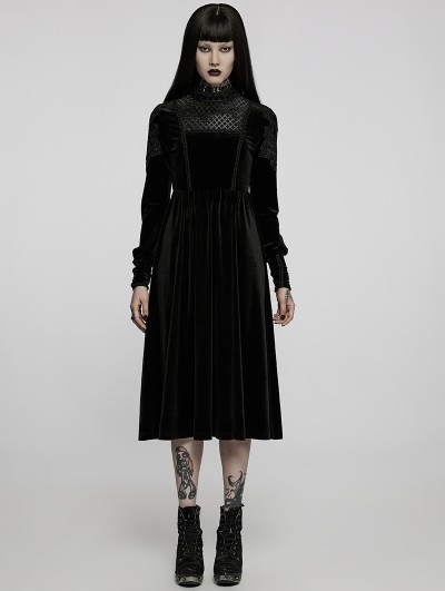Punk Rave Black Gothic Vintage Lace Collar Velvet Long Sleeve Dress