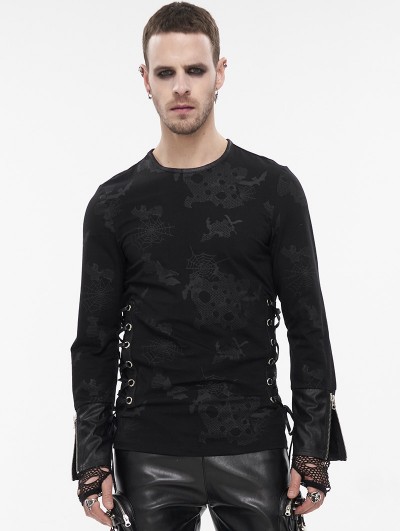 Devil Fashion Black Gothic Punk Spider Web Patterned Long Sleeve T-Shirt for Men