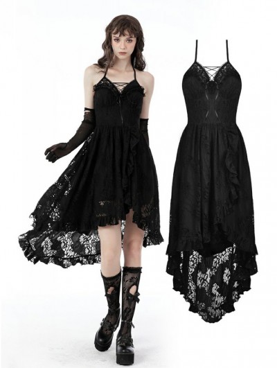 Dark in Love Black Gothic Sexy Dovetail Lace High-Low Slip Dress