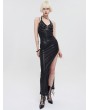 Devil Fashion Black Gothic Punk Layered Chain Sexy High Slit Halter Long Dress