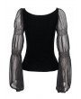 Devil Fashion Black Vintage Gothic Velvet Transparent Long Sleeve Top for Women