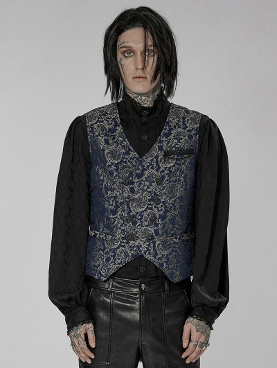 Punk Rave Blue Vintage Gorgeous Double Breasted Jacquard  Gothic Vest for Men