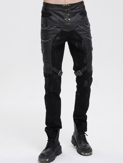 Devil Fashion Black Gothic Punk Metal Buckle Chain Long Fitted Pants for Men