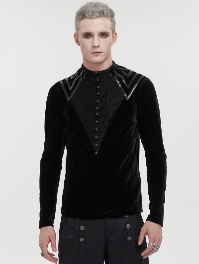 Devil Fashion Black Gothic Velvet Leather Strip Long Sleeve T-Shirt for Men