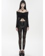 Devil Fashion Black Sexy Gothic Pattern Off-the-Shoulder Ruched Drawstring Crop Top for Women