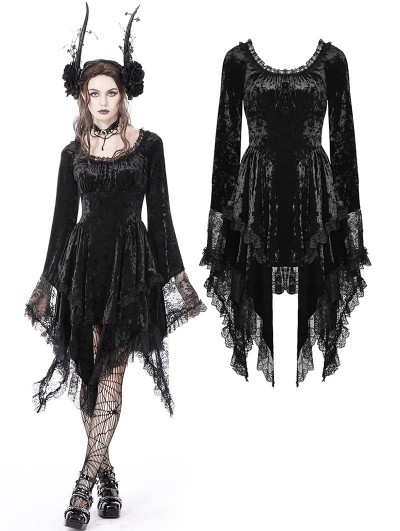 Dark in Love Black Gothic Dark Long Bell Sleeves Irregular Velvet Dress