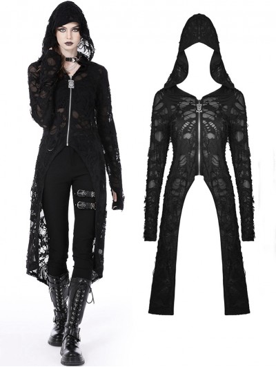 Dark in Love Black Gothic Decadent Ripped Zip Long Jacket for Women