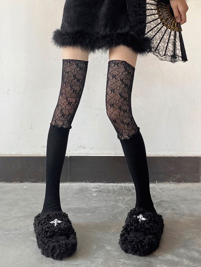 Black Gothic Lace Ruffle Spliced Over-the-Knee Socks