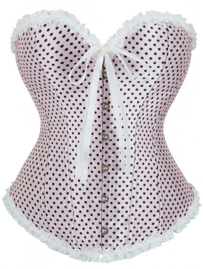 Light Pink Polka Dot Pleated Trim Overbust Burlesque Corset