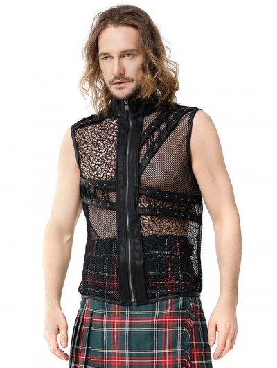 Pentagramme Black Gothic Punk Fishnet Transparent Sleeveless T-Shirt for Men