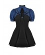 Dark in Love Blue and Black Stripe Daily Gothic Frilly Collar Short Dress