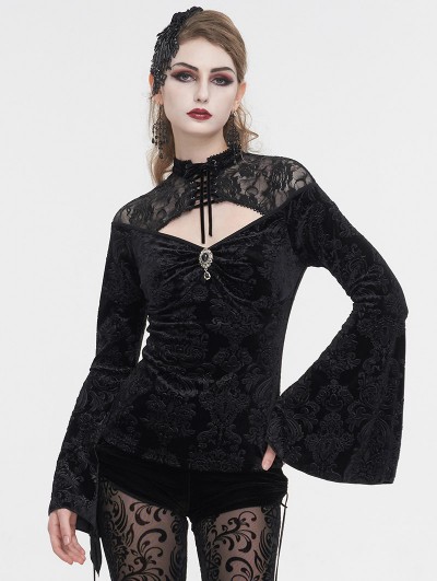 Eva Lady Black Vintage Gothic Velvet Hollow Out Long Sleeve Top for Women