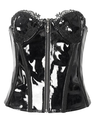 Devil Fashion Black Gothic Lace Trim Leather Overbust Corset Top for Women