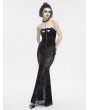Devil Fashion Black Gothic Punk Sexy See-Through Pattern Chain Embellished Maxi Skirt