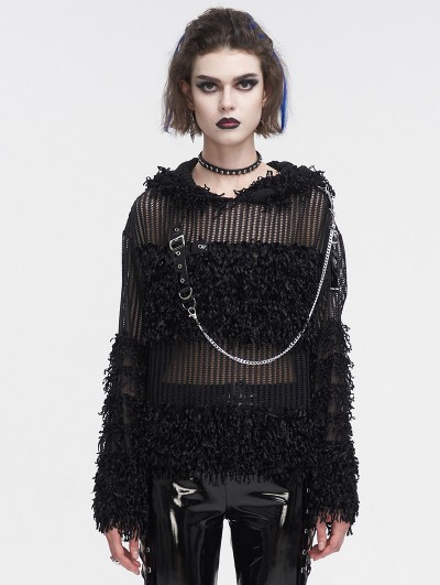 Devil Fashion Black Gothic Punk Grunge Long Sleeve Hooded Crochet Sweater for Women