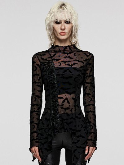 Punk Rave Black Gothic Bat Mesh Long Sleeve Basic T-Shirt for Women