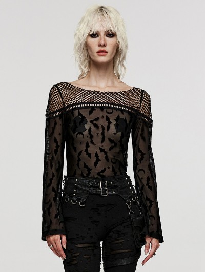 Punk Rave Black Gothic Bat Mesh Long Sleeve Daily T-shirt for Women