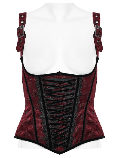 Punk Rave Black and Red Rose-Patterned Gothic Underbust Corset with Straps