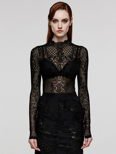 Punk Rave Black Sexy Gothic Flocked Pattern Mesh Long Sleeve T-Shirt for Women