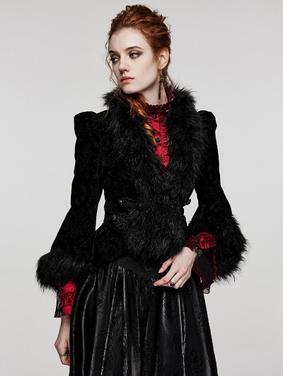 Punk Rave Black Vintage Gothic Fur Trim Embossed Velvet Short Jacket for Women