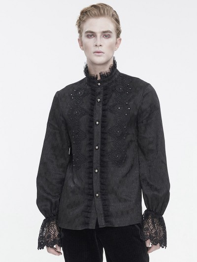 Devil Fashion Black Gothic Retro Embroidery Lace Applique Fitted Shirt for Men