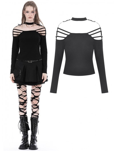 Dark in Love Black Gothic Punk Sexy Off-the-Shoulder Slim Fit T-Shirt for Women