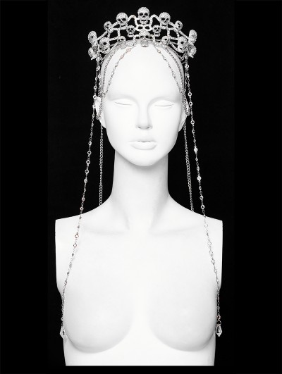 Punk Rave Silver Gothic Skull Rhinestones Chain Crown Headdress