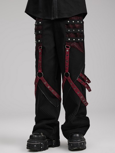 Punk Rave Black and Red Gothic Punk Metal Studded Wide Leg Trousers for Men