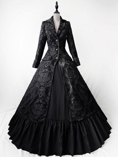 Rose Blooming Black Vintage Two-Pieces Gothic Victorian Coat Ball Gown Dress