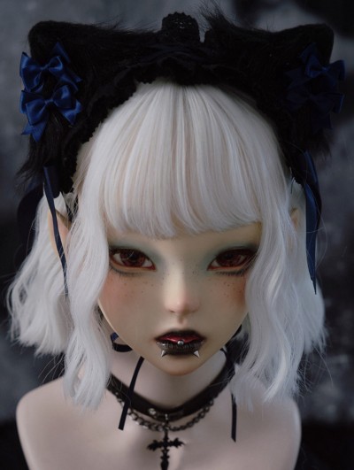 Black and Blue Ribbon Bow Plush Cat Ears Headband